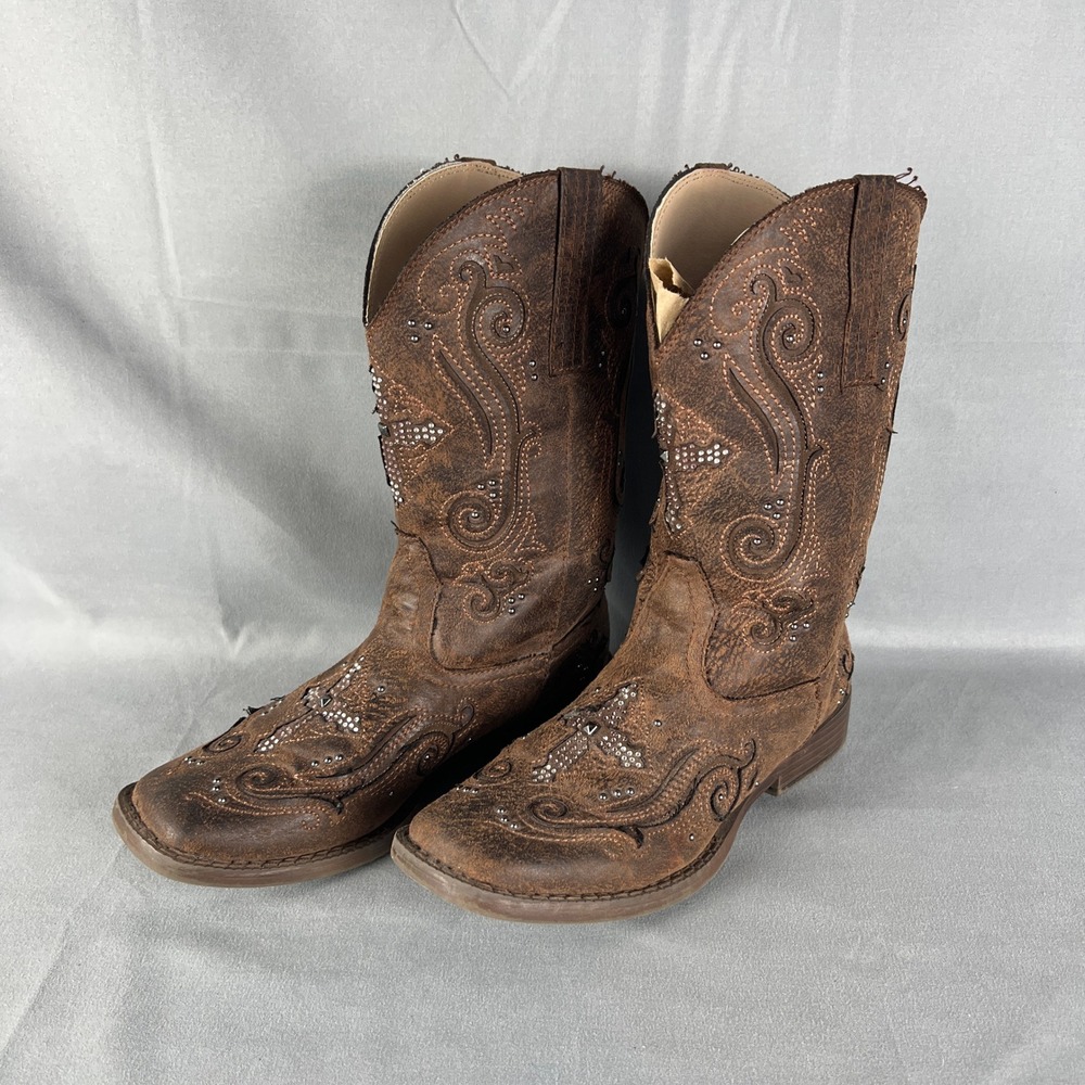 Roper Faith Western Boots Kids 3 Brown Studded Swirl Embroidery Cowboy Boots